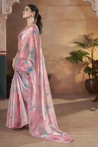 pink embellished embroidered sequinned organza saree