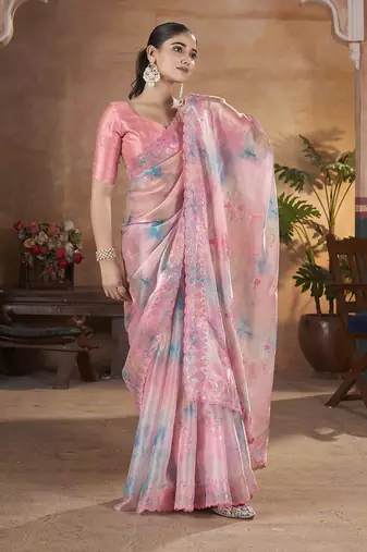 pink embellished embroidered sequinned organza saree