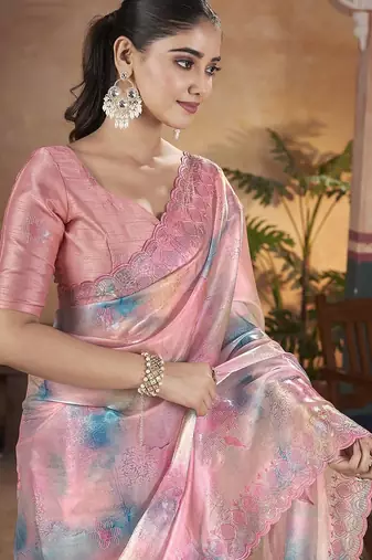 pink embellished embroidered sequinned organza saree