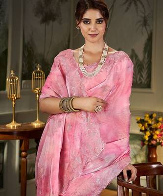pink floral embroidered organza saree 1