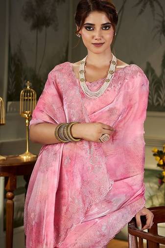 pink floral embroidered organza saree