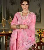 pink floral embroidered organza saree