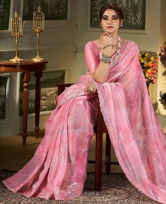 pink floral embroidered organza saree 2