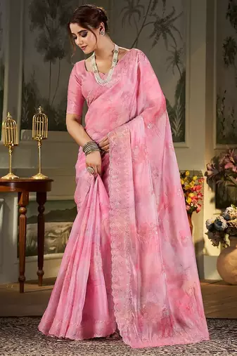 pink floral embroidered organza saree