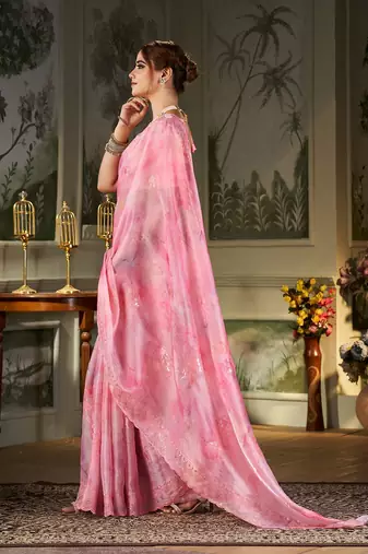 pink floral embroidered organza saree