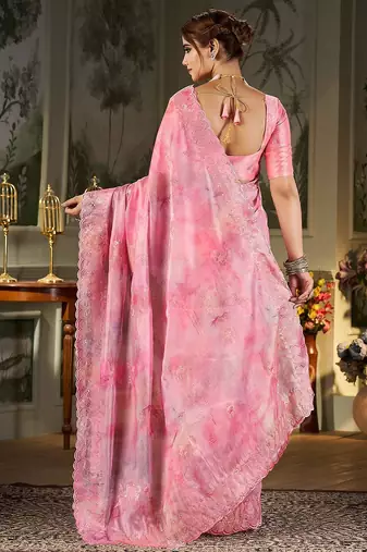 pink floral embroidered organza saree