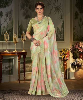 green tie and dye embroidered organza saree 1