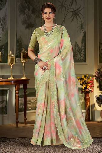 green tie and dye embroidered organza saree