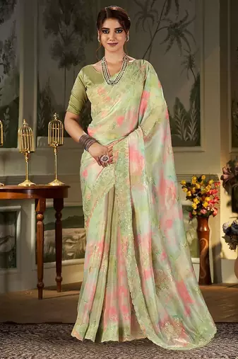green tie and dye embroidered organza saree