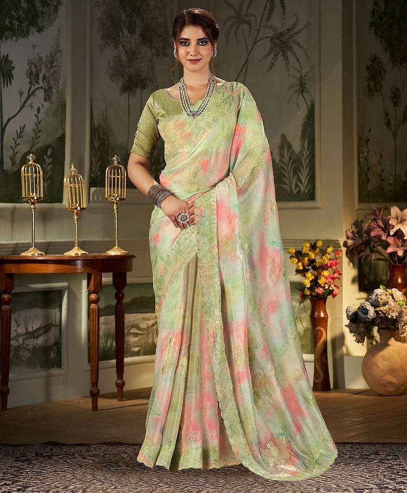 green tie and dye embroidered organza saree