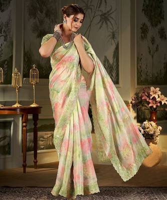 green tie and dye embroidered organza saree 2