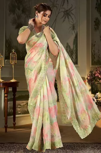 green tie and dye embroidered organza saree