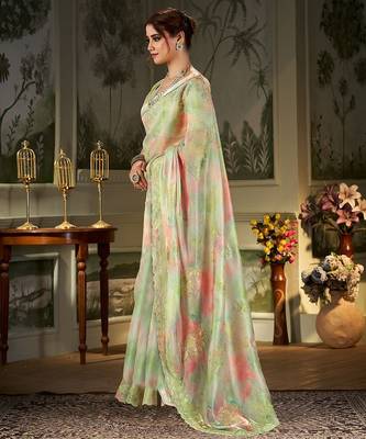 green tie and dye embroidered organza saree 3