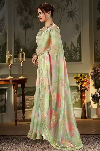 green tie and dye embroidered organza saree
