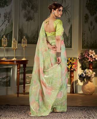 green tie and dye embroidered organza saree 4