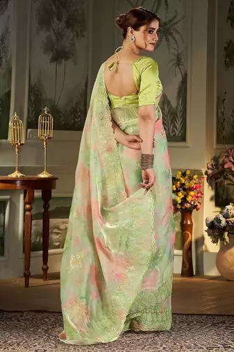 green tie and dye embroidered organza saree