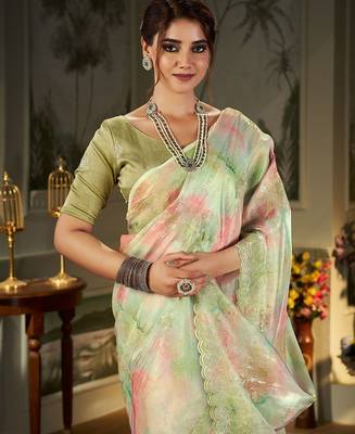 green tie and dye embroidered organza saree 5