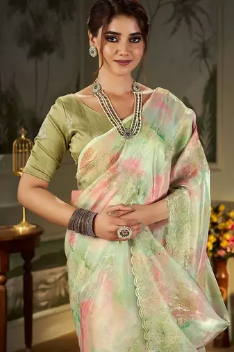 green tie and dye embroidered organza saree
