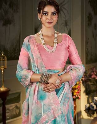 blue tie and dye embroidered sequinned organza saree 1