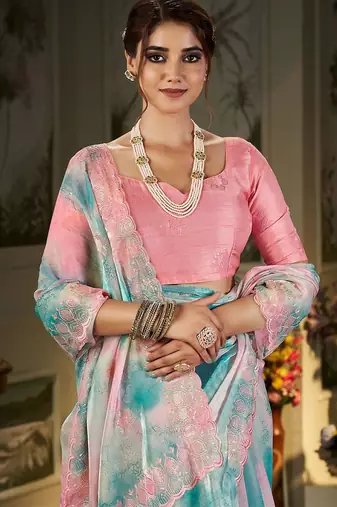 blue tie and dye embroidered sequinned organza saree
