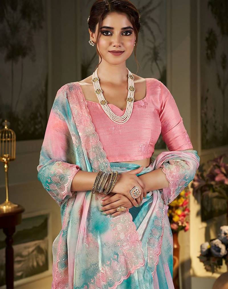 blue tie and dye embroidered sequinned organza saree
