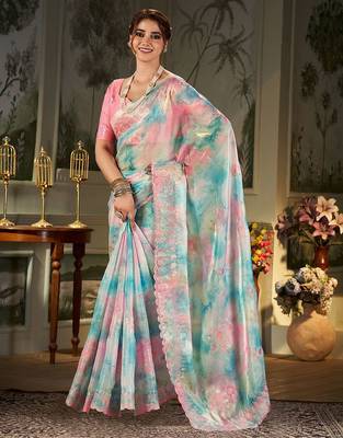 blue tie and dye embroidered sequinned organza saree 2