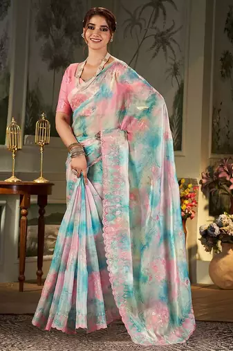 blue tie and dye embroidered sequinned organza saree