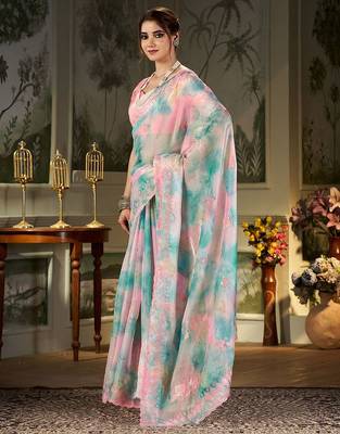 blue tie and dye embroidered sequinned organza saree 3