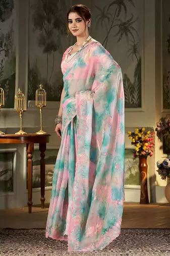 blue tie and dye embroidered sequinned organza saree