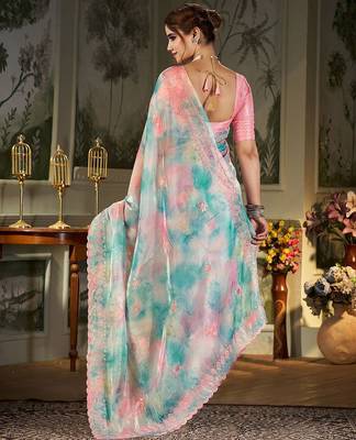 blue tie and dye embroidered sequinned organza saree 4