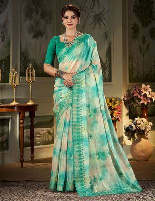 teal floral printed embroidered organza saree 1