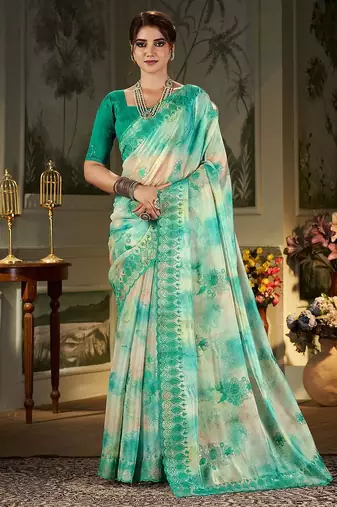 teal floral printed embroidered organza saree