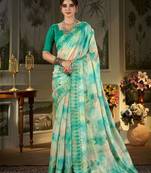 teal floral printed embroidered organza saree