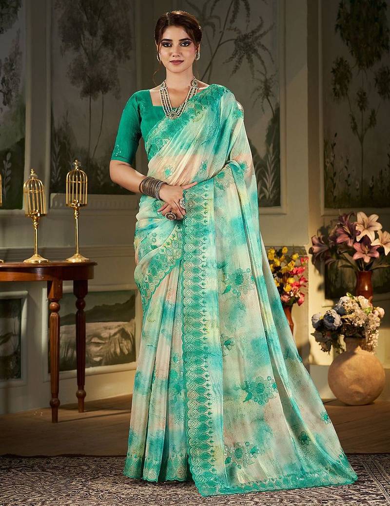teal floral printed embroidered organza saree
