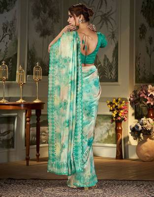 teal floral printed embroidered organza saree 3