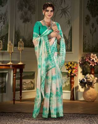 teal floral printed embroidered organza saree 4
