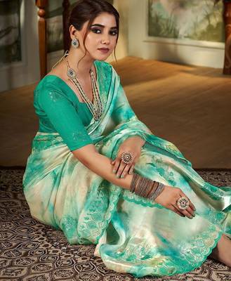 teal floral printed embroidered organza saree 5