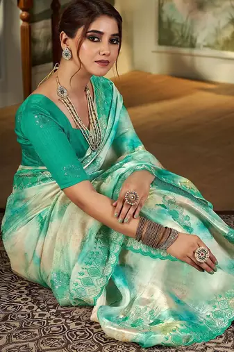 teal floral printed embroidered organza saree