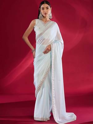 blue embroidered satin saree 1