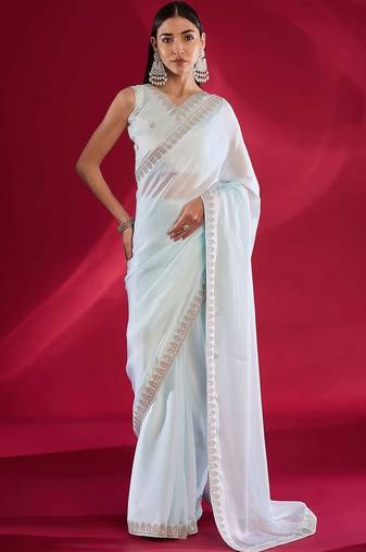 blue embroidered satin saree