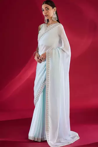 blue embroidered satin saree