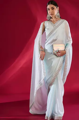 blue embroidered satin saree
