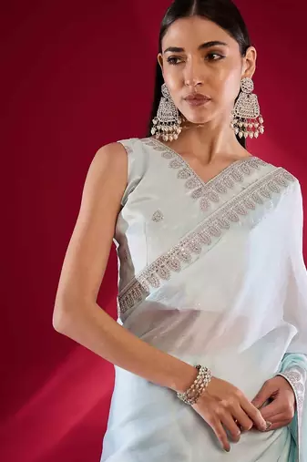 blue embroidered satin saree