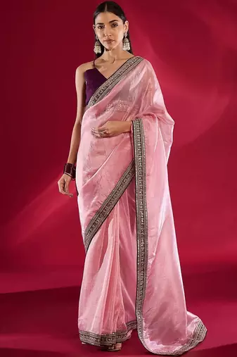 pink embroidered tissue designer saree