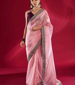 pink embroidered tissue designer saree