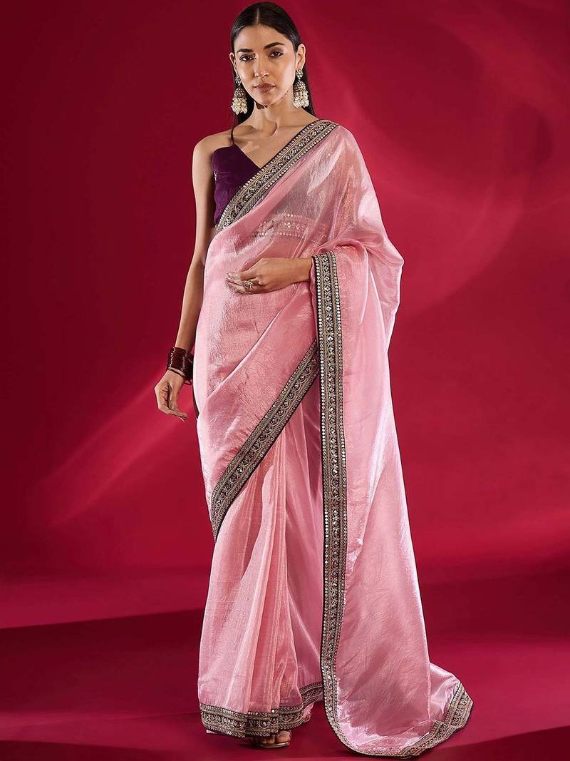 pink embroidered tissue designer saree