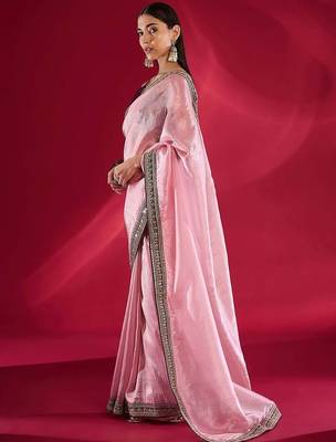 pink embroidered tissue designer saree 2