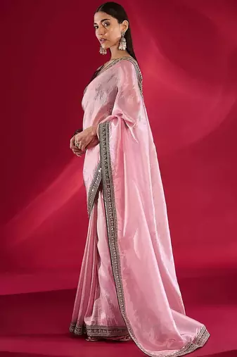 pink embroidered tissue designer saree