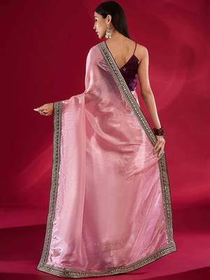 pink embroidered tissue designer saree 3