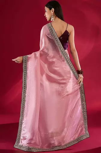 pink embroidered tissue designer saree